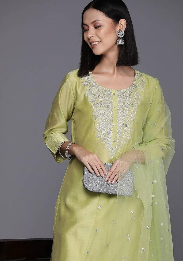 Green Embroidery Silk Kurta Set - Indya