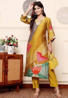 Mustard Floral Print Silk Kurta Set