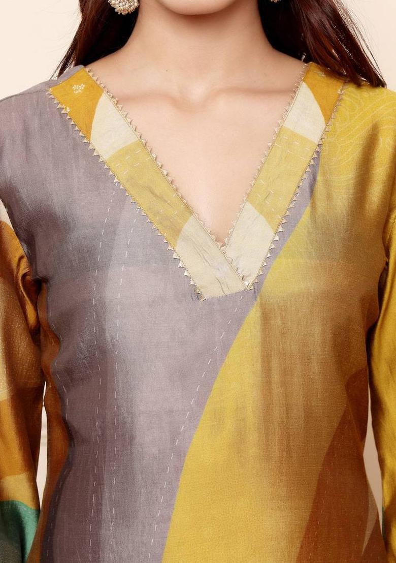 Mustard Floral Print Silk Kurta Set - Indya