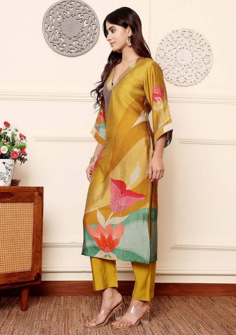 Mustard Floral Print Silk Kurta Set - Indya