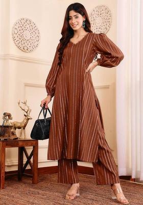 Brown Solid Silk Kurta Set