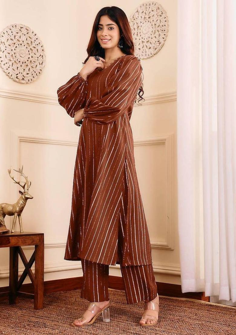 Brown Solid Silk Kurta Set - Indya