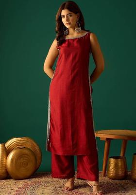 Red Embroidery Silk Kurta Set