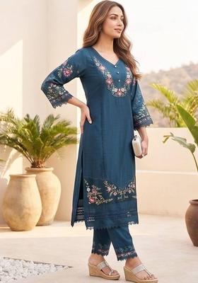 Teal Embroidery Cotton Kurta Set