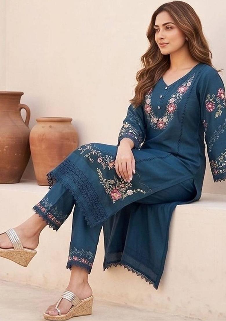 Teal Embroidery Cotton Kurta Set - Indya
