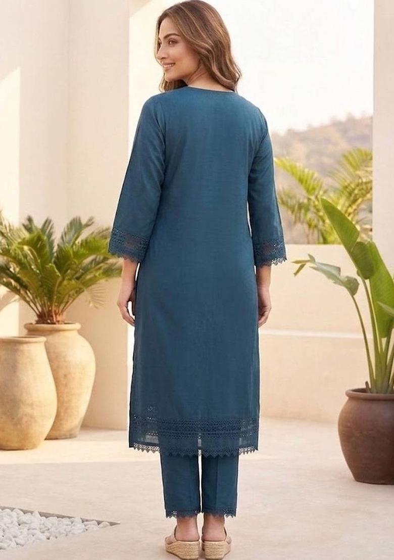 Teal Embroidery Cotton Kurta Set - Indya