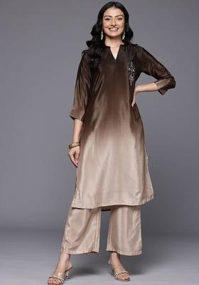 Camel Brown Embroidery Silk Kurta Set