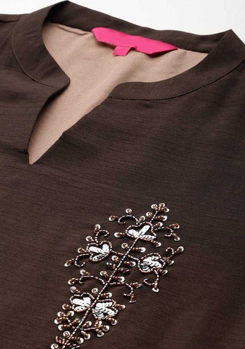 Camel Brown Embroidery Silk Kurta Set - Indya