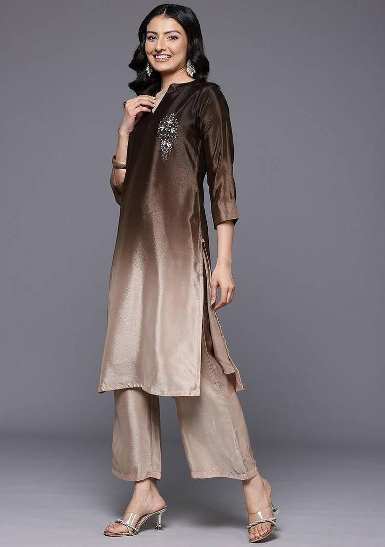 Camel Brown Embroidery Silk Kurta Set - Indya