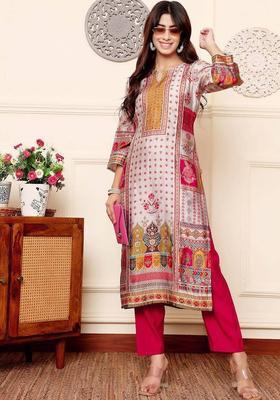 Off White Floral Print Silk Kurta Set