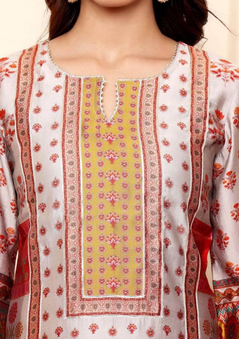 Off White Floral Print Silk Kurta Set - Indya