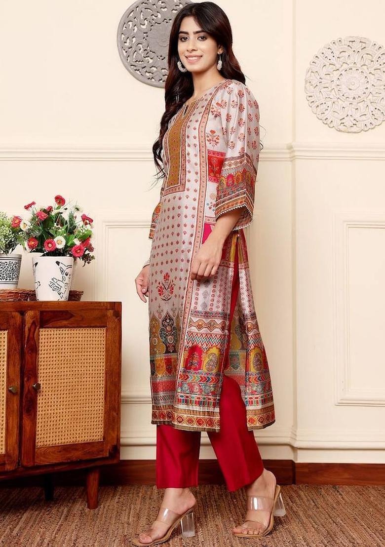 Off White Floral Print Silk Kurta Set - Indya