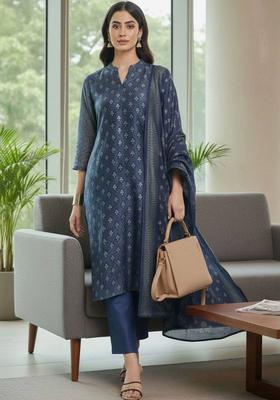 Navy Blue Floral Print Silk Kurta Set