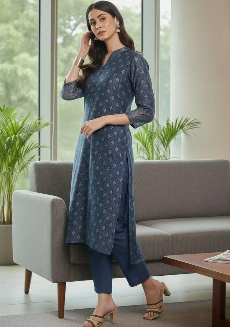 Navy Blue Floral Print Silk Kurta Set - Indya