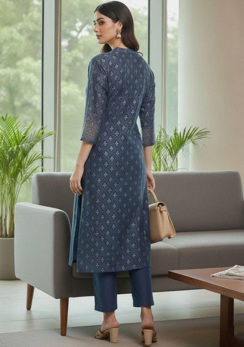 Navy Blue Floral Print Silk Kurta Set - Indya