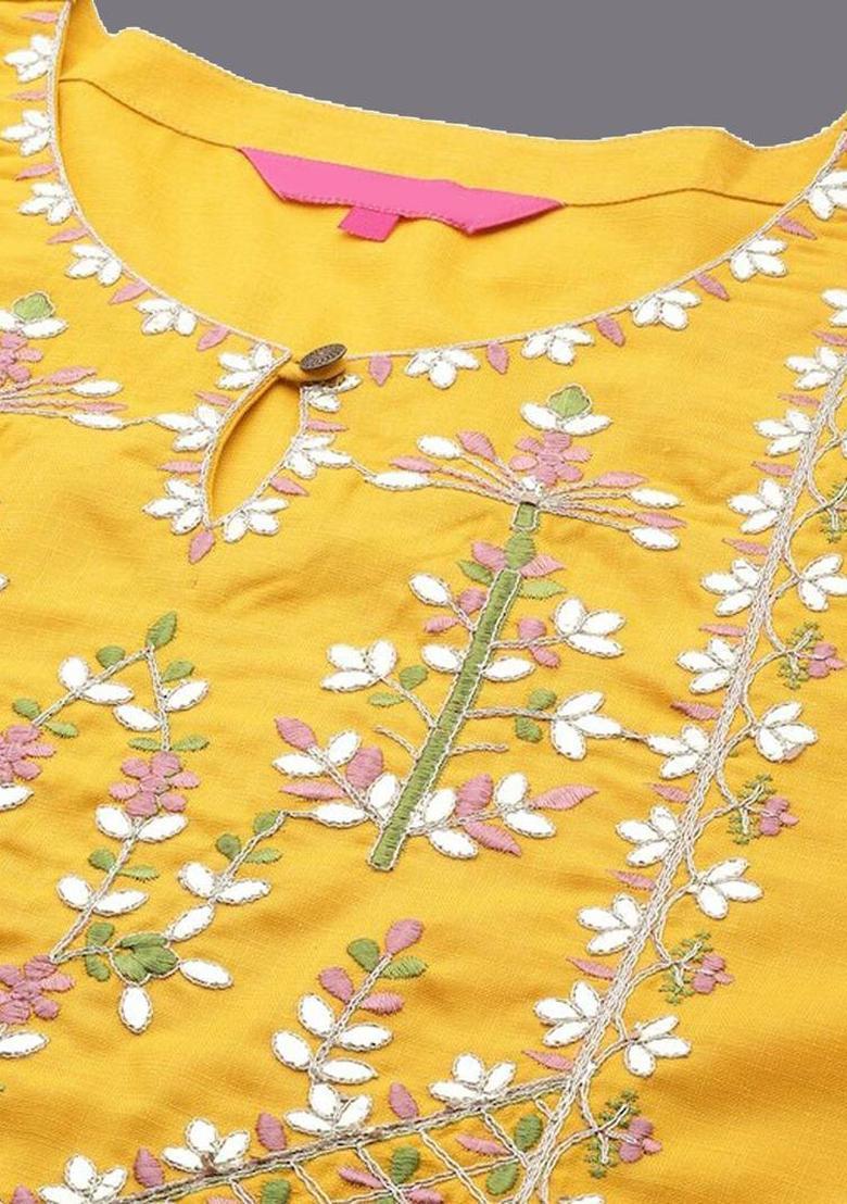 Mustard Solid Cotton Kurta Set - Indya