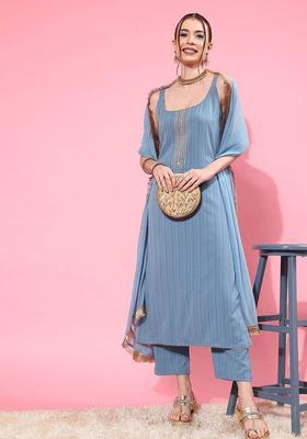 Blue Solid Silk Kurta Set