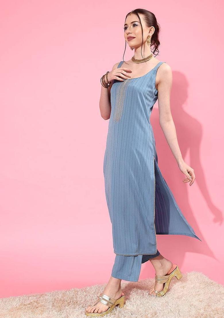 Blue Solid Silk Kurta Set - Indya