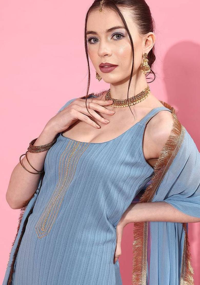 Blue Solid Silk Kurta Set - Indya