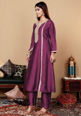Purple Embroidery Silk Kurta Set