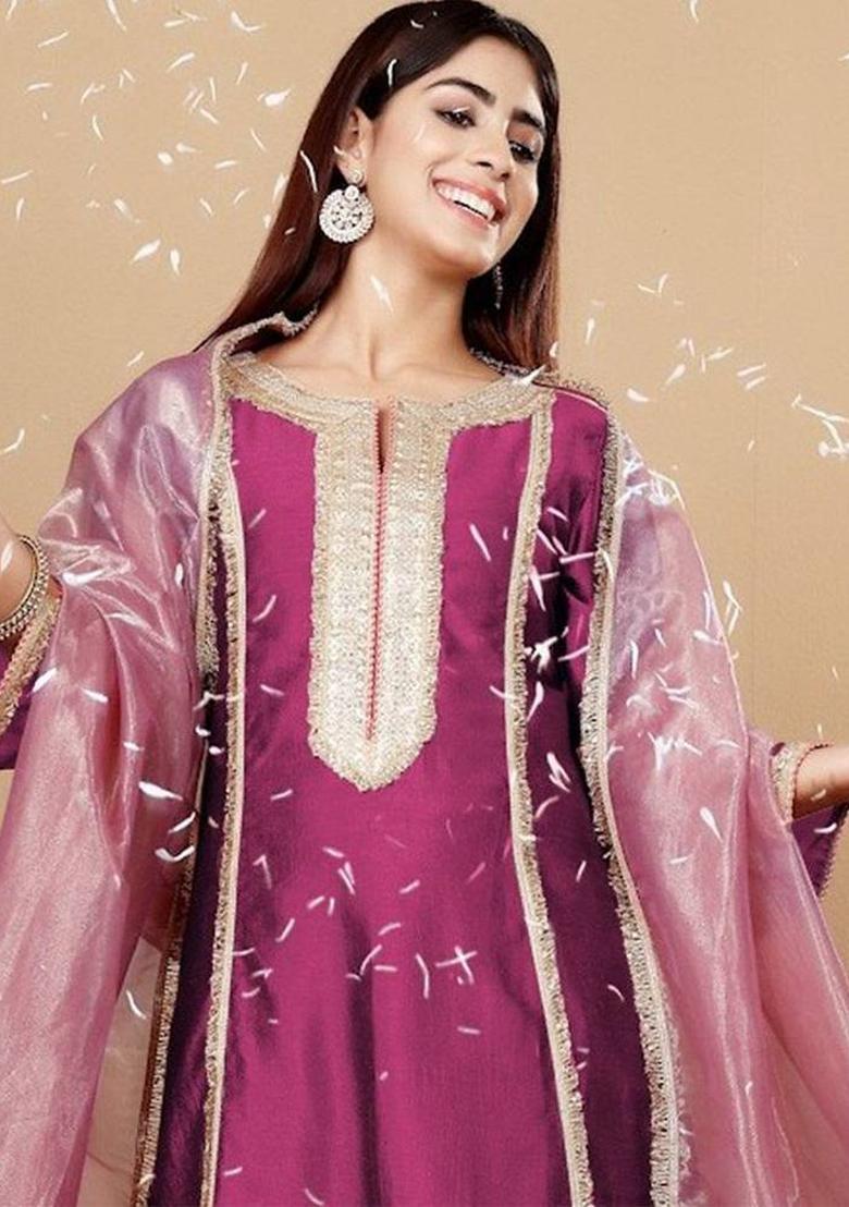 Purple Embroidery Silk Kurta Set - Indya