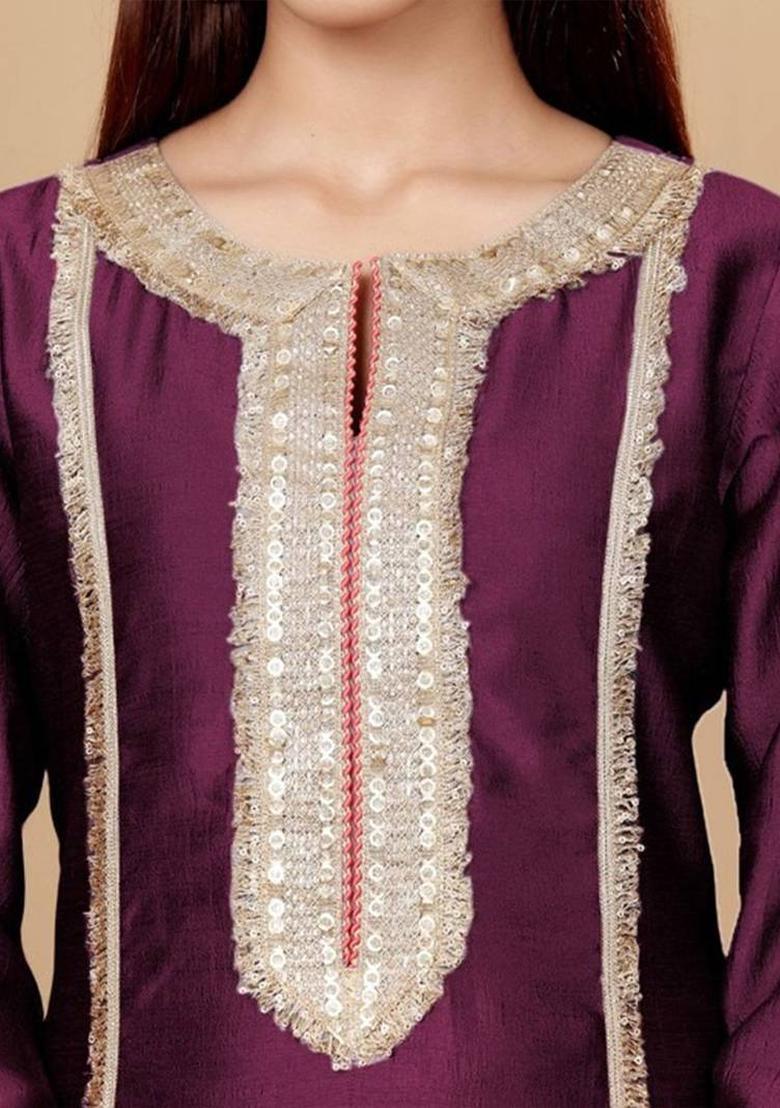 Purple Embroidery Silk Kurta Set - Indya