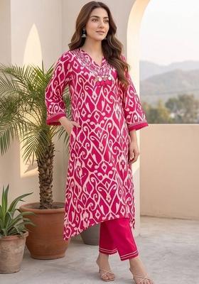 Pink Floral Print Cotton Kurta Set