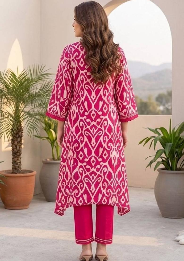 Pink Floral Print Cotton Kurta Set - Indya