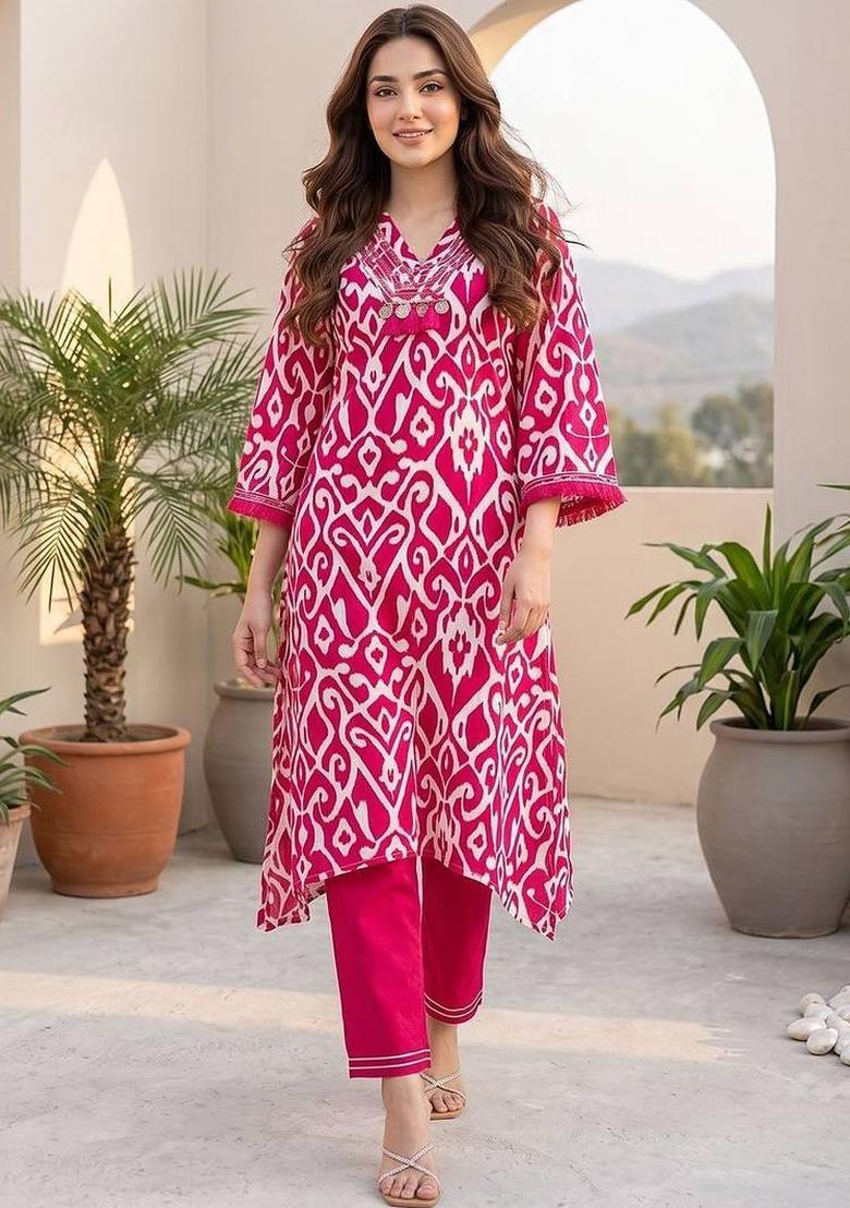 Pink Floral Print Cotton Kurta Set - Indya