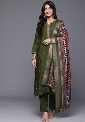 Olive Embroidery Silk Kurta Set