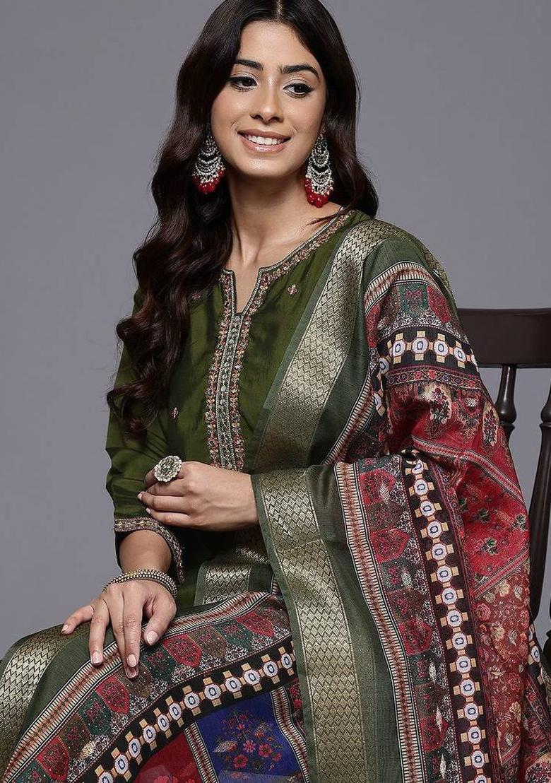 Olive Embroidery Silk Kurta Set - Indya