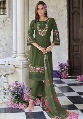 Green Embroidery Cotton Kurta Set