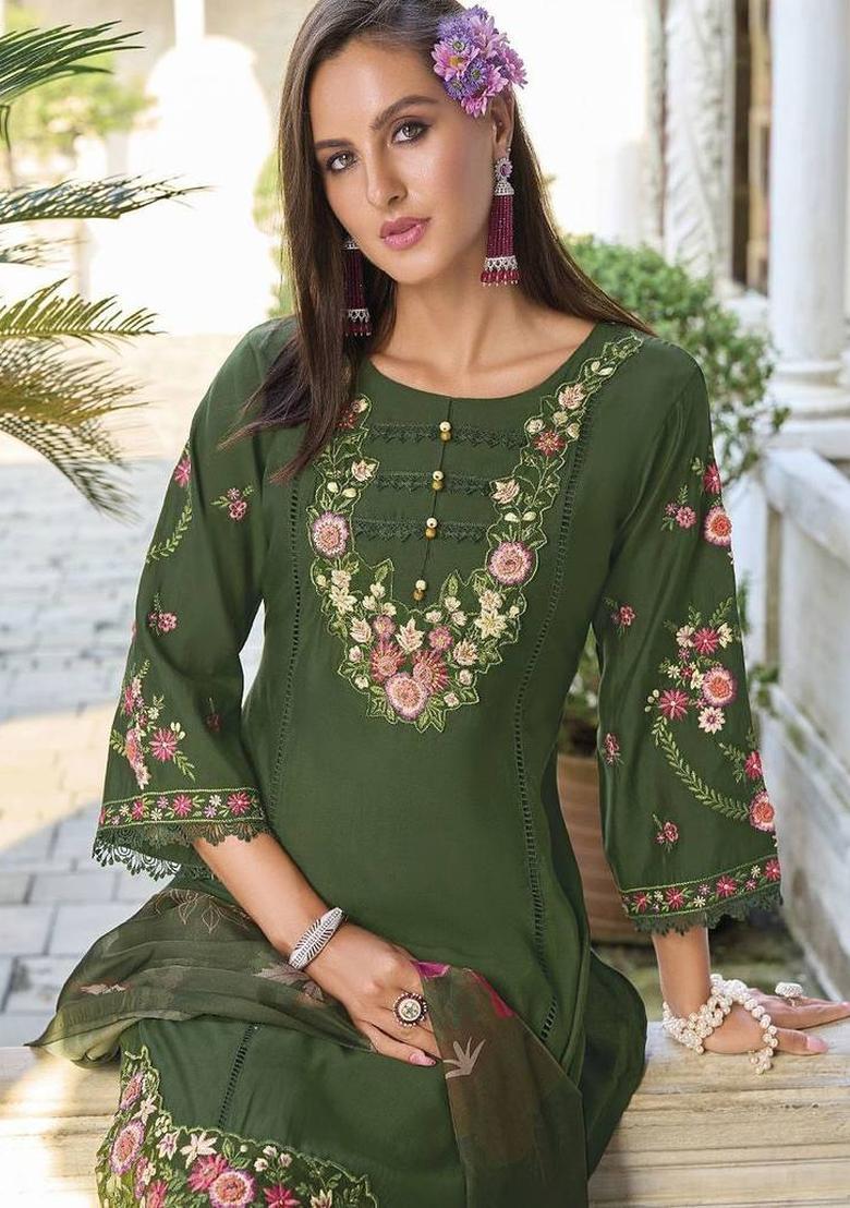 Green Embroidery Cotton Kurta Set - Indya