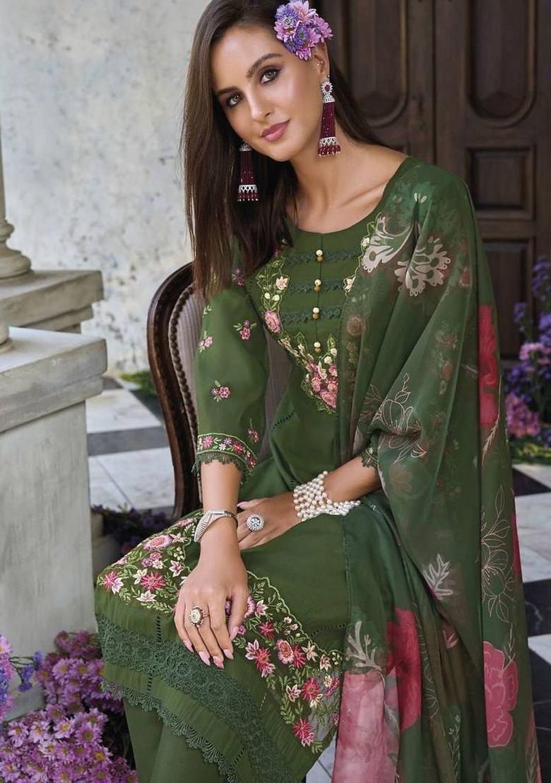 Green Embroidery Cotton Kurta Set - Indya