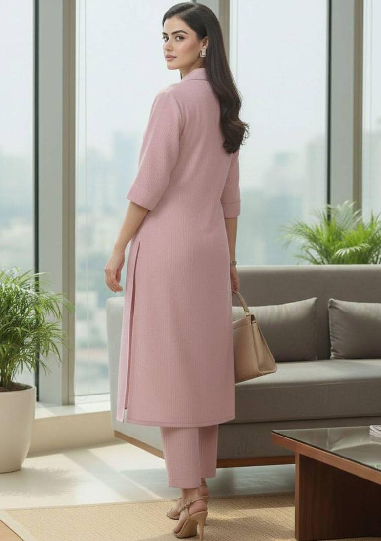 Pink Solid Silk Kurta Set - Indya