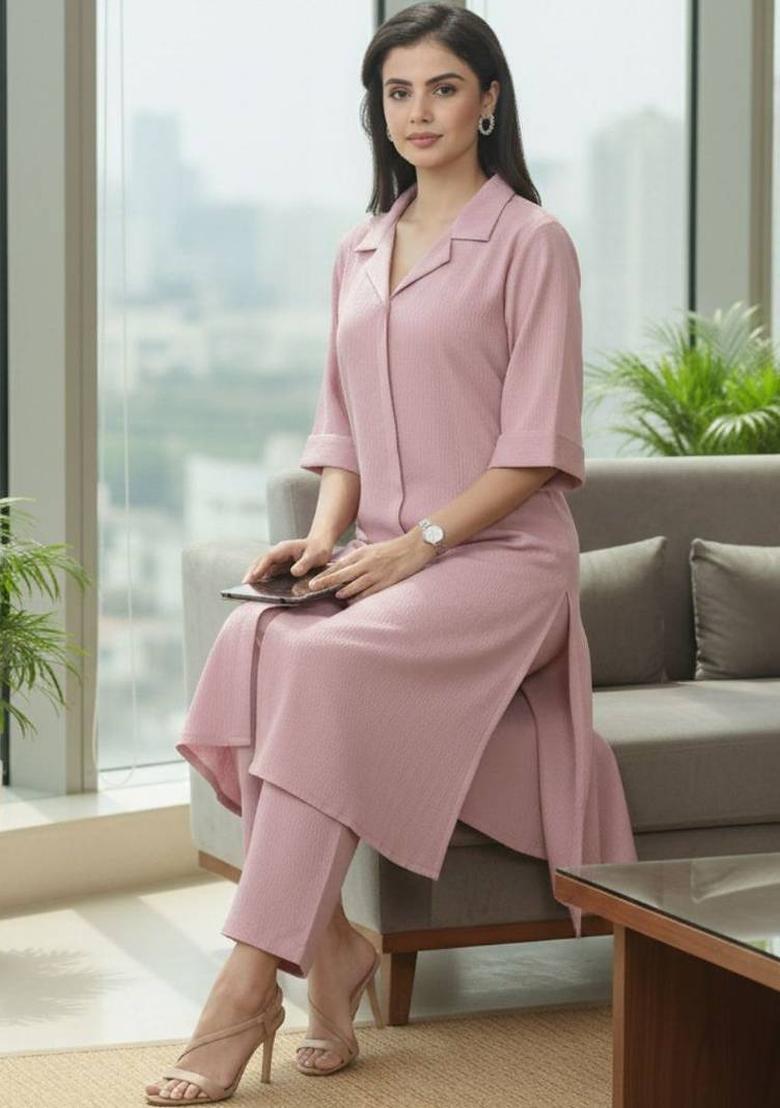 Pink Solid Silk Kurta Set - Indya