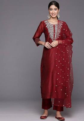 Maroon Embroidery Silk Kurta Set