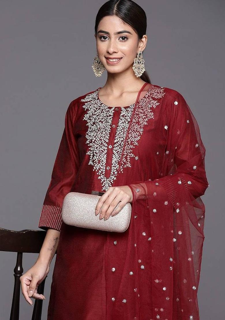Maroon Embroidery Silk Kurta Set - Indya