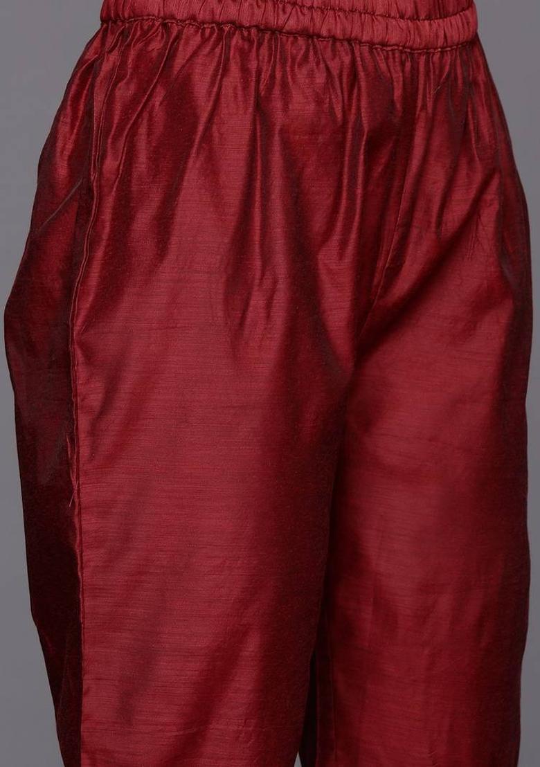Maroon Embroidery Silk Kurta Set - Indya
