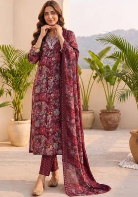 Red Floral Print Silk Kurta Set