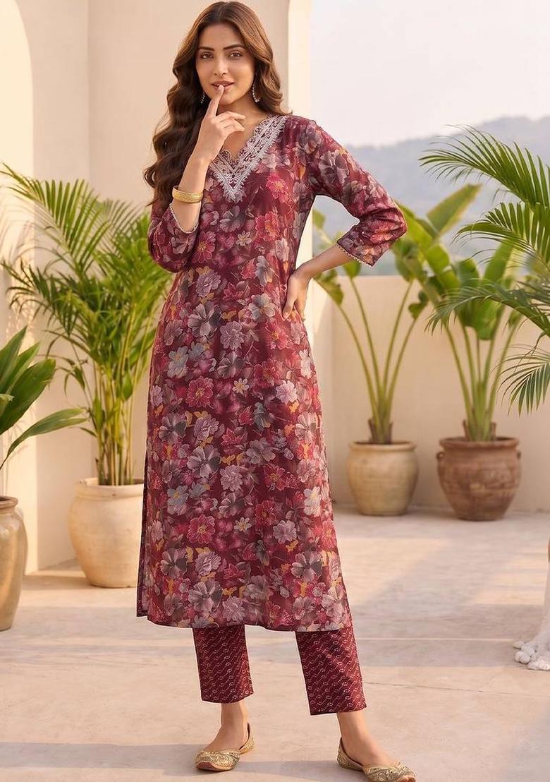 Red Floral Print Silk Kurta Set - Indya