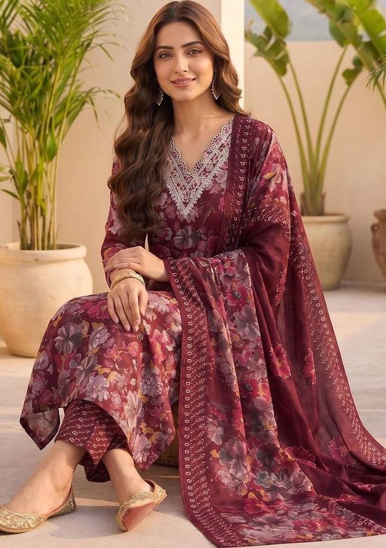 Red Floral Print Silk Kurta Set - Indya
