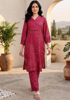 Maroon Floral Print Silk Kurta Set