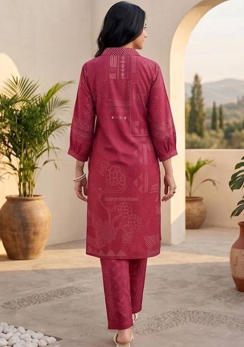 Maroon Floral Print Silk Kurta Set - Indya