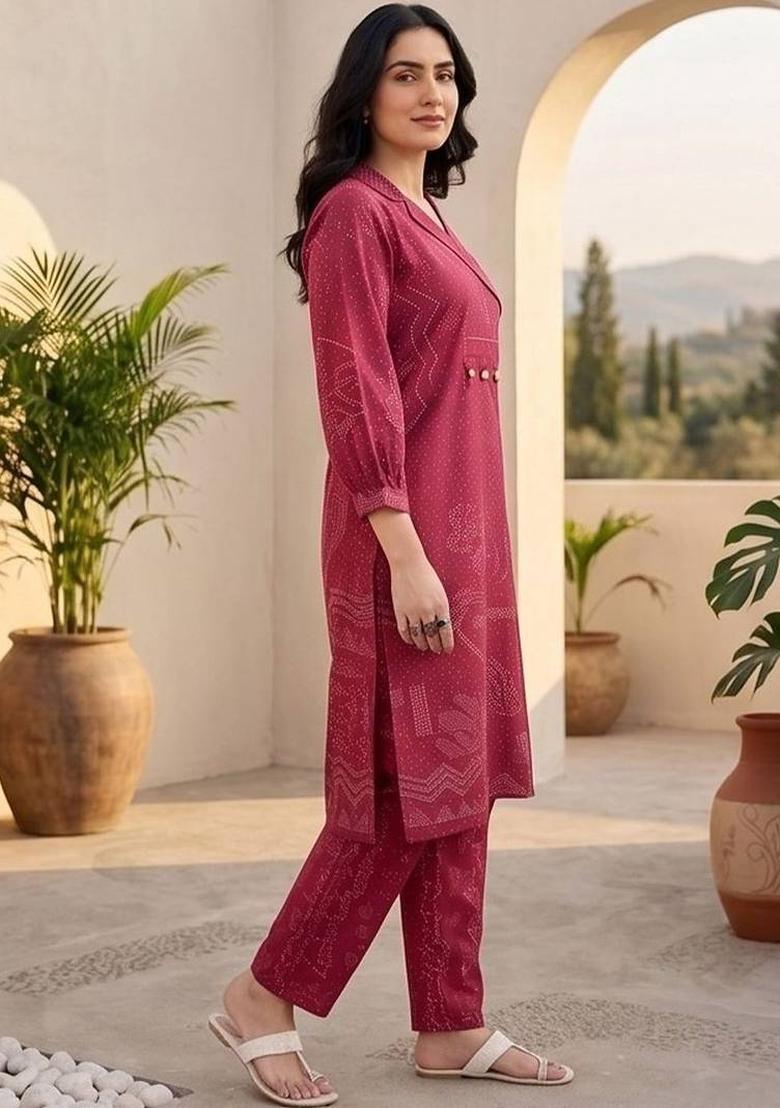 Maroon Floral Print Silk Kurta Set - Indya
