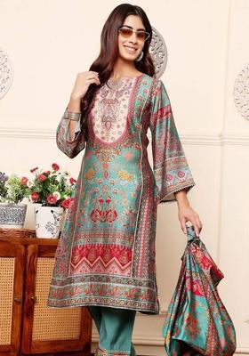 Turquoise Blue Floral Print Silk Kurta Set