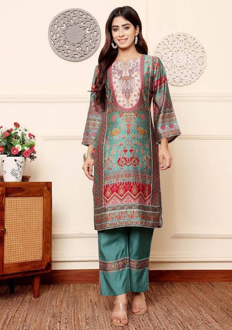Turquoise Blue Floral Print Silk Kurta Set - Indya
