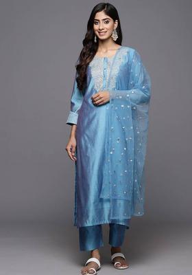 Blue Embroidery Silk Kurta Set
