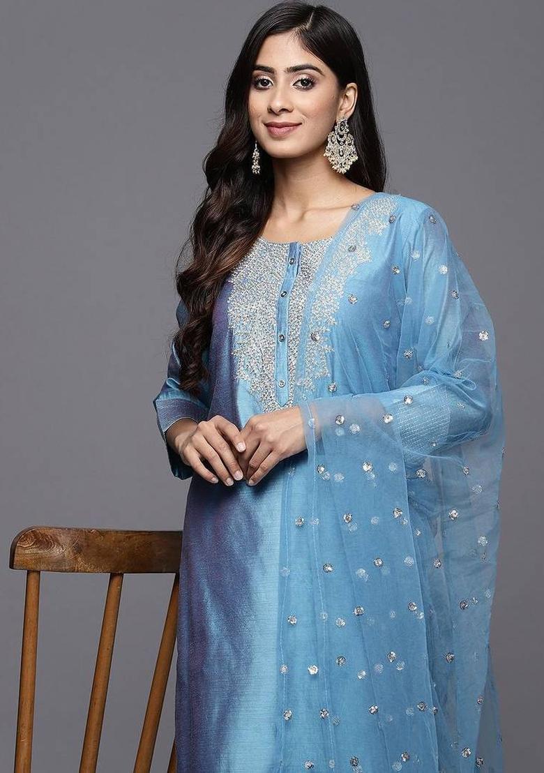 Blue Embroidery Silk Kurta Set - Indya