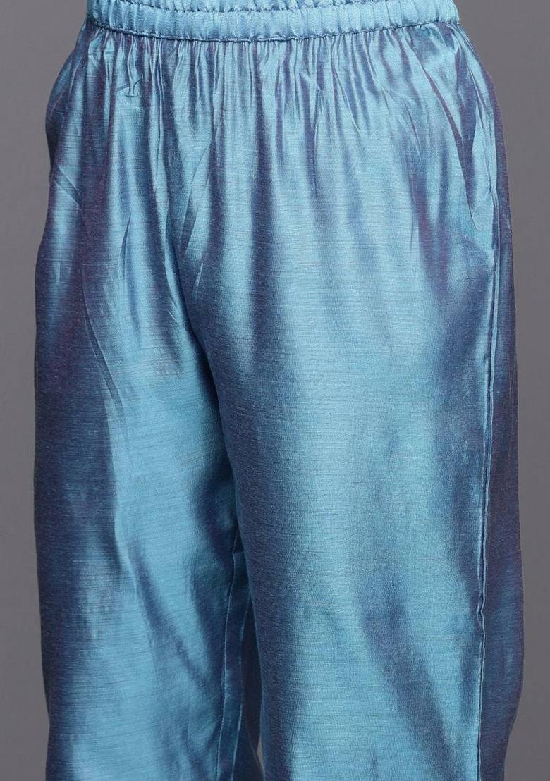 Blue Embroidery Silk Kurta Set - Indya
